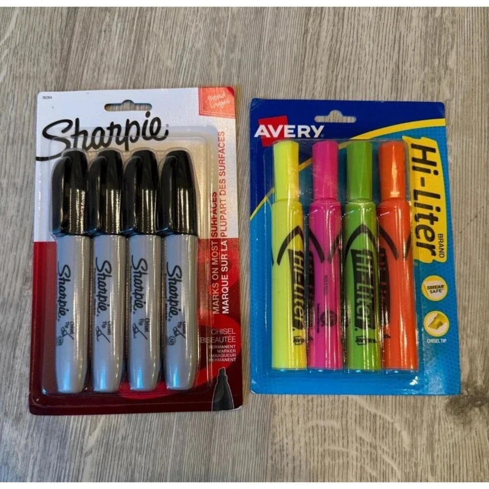 Chisel Tip Sharpie Black Markers & Assorted Highlighters 8 count New Stock